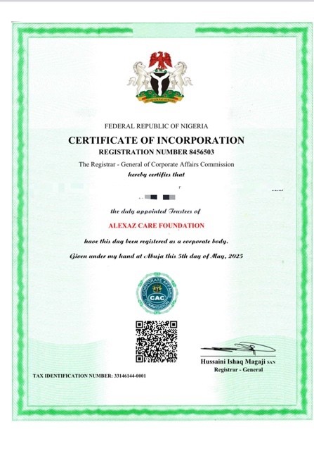 Alexaz Care Foundation Registration Certificate